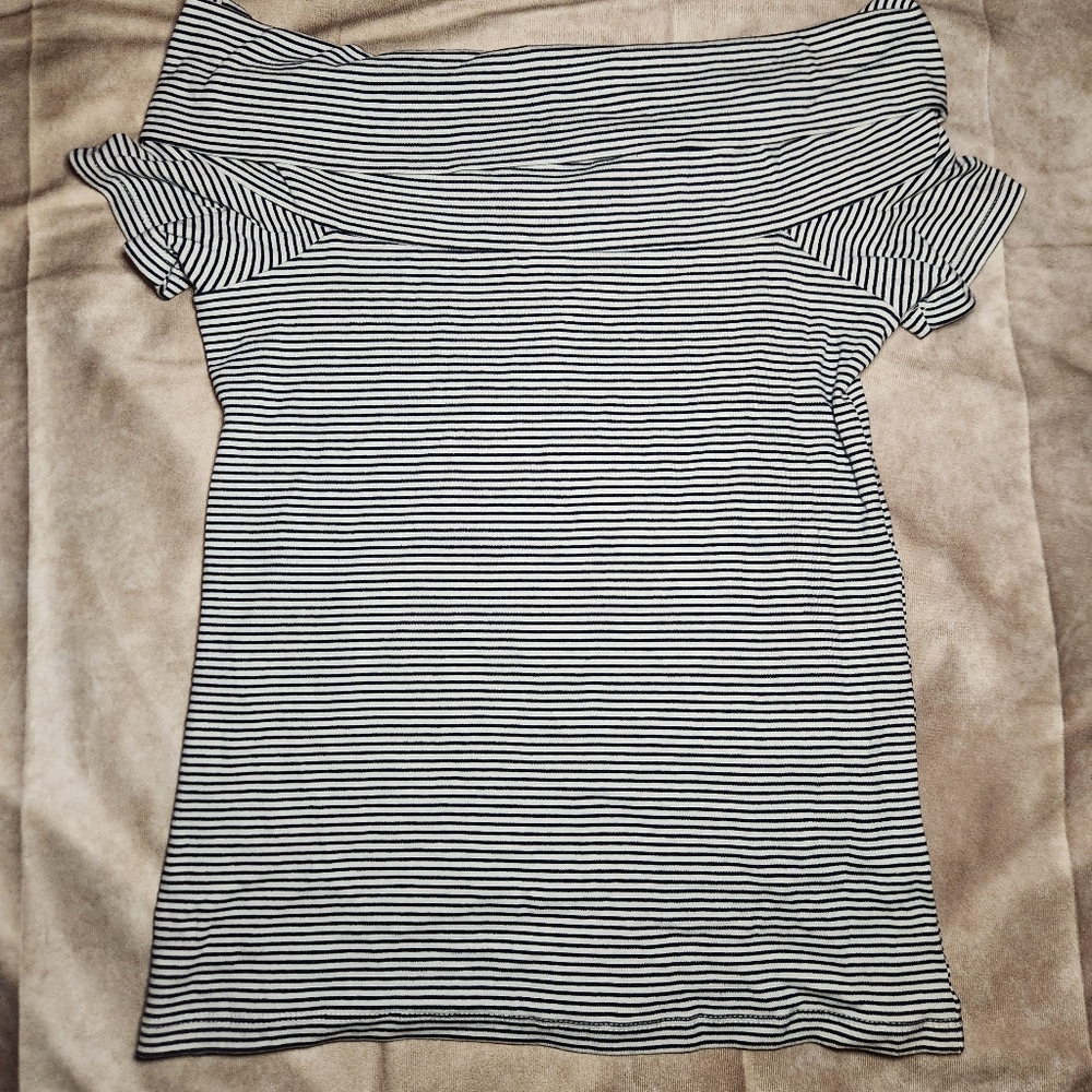 J Crew Off the Shoulder Navy and White Striped Fold Over Top